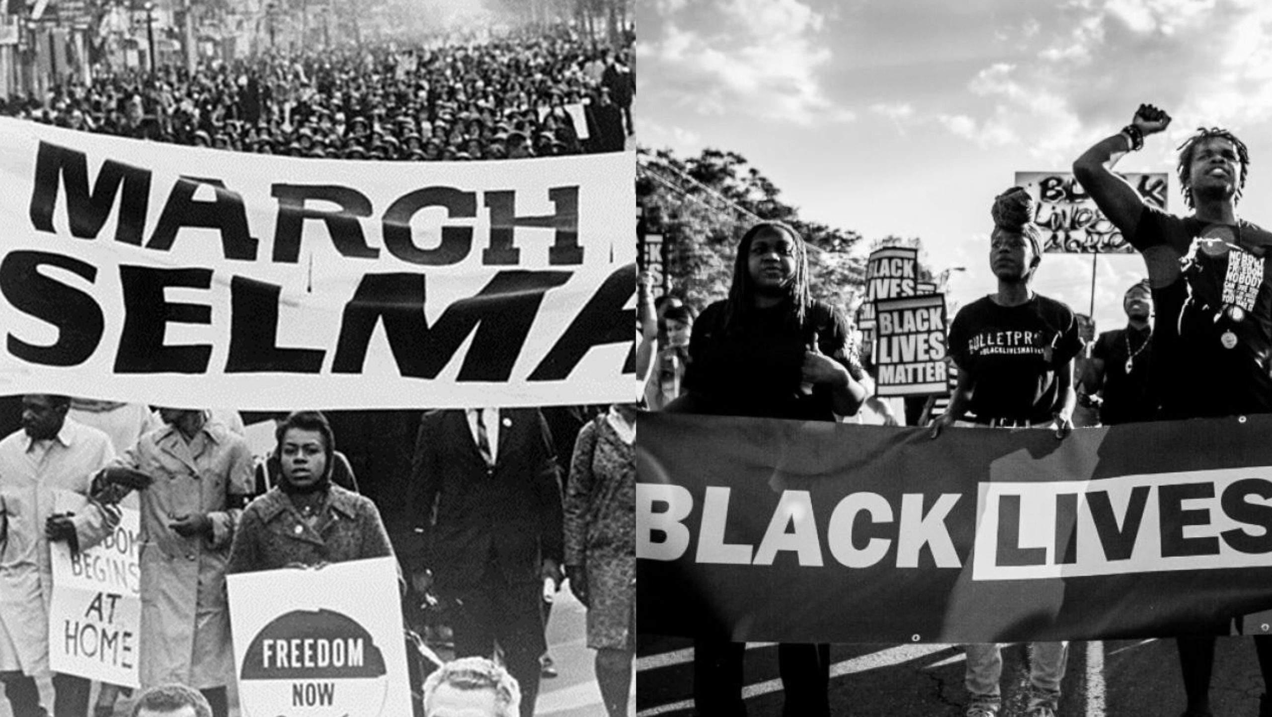 A vintage photo next to a recent photo, both of thousands marching for equal rights for the black community