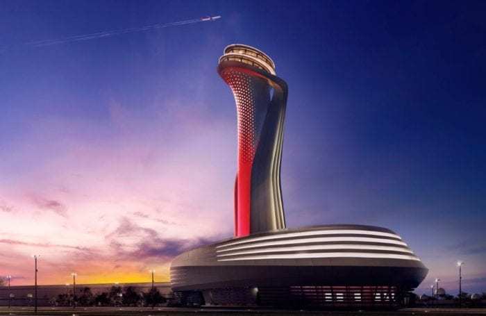 A dusk picture of the outside of Istanbul's airport