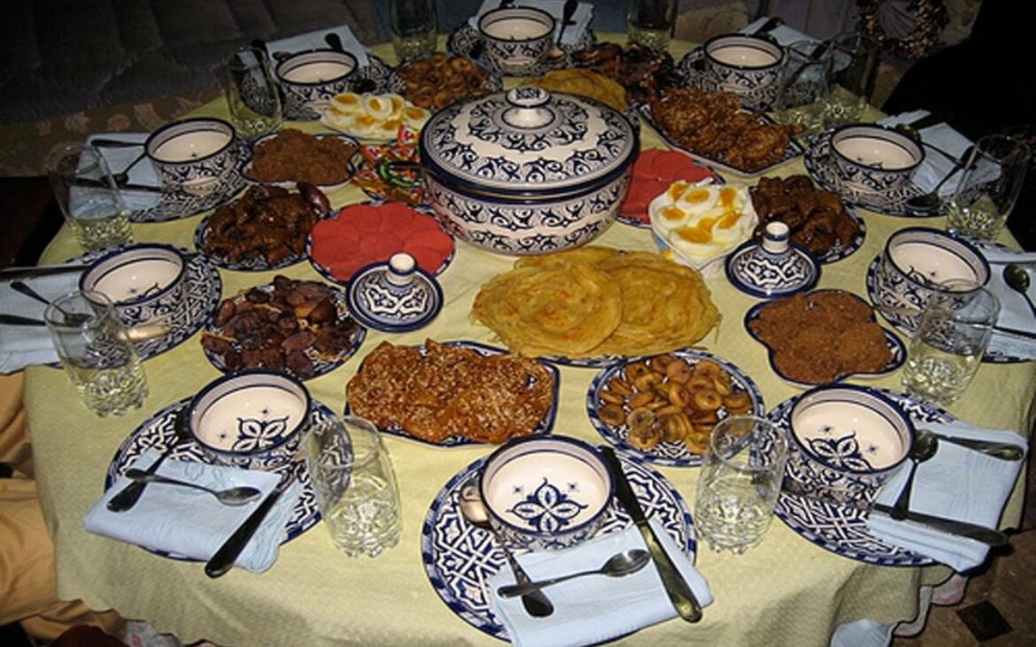 Moroccan iftar table with traditional dishes